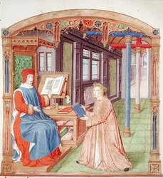 Virgil offering his book to Maecenas, from The Eclogues by Virgil with a commentary by Servius